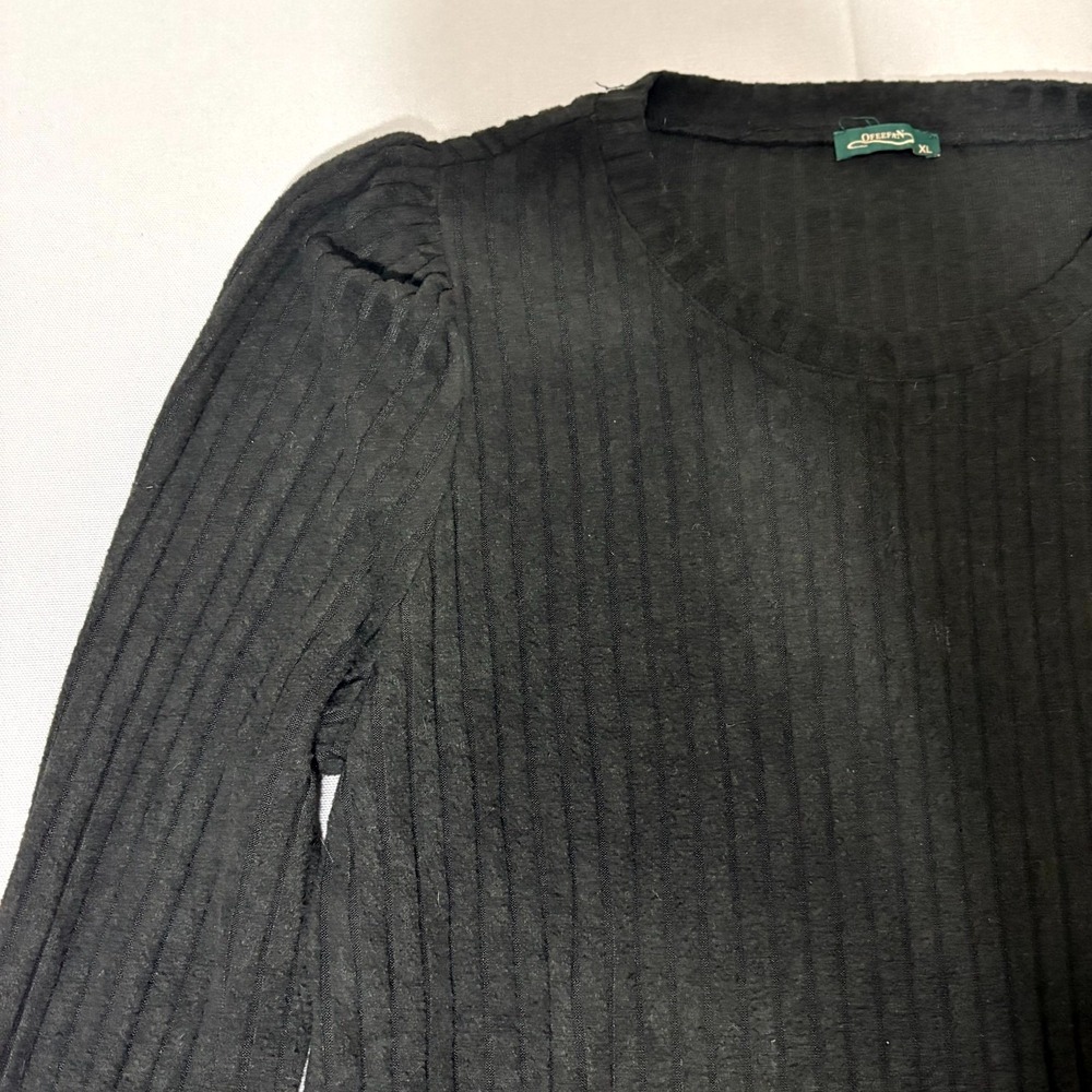 Ofeefan Top Women XL Black Stretch Ribbed Knit Crew Neck Puff Sleeve Pullover